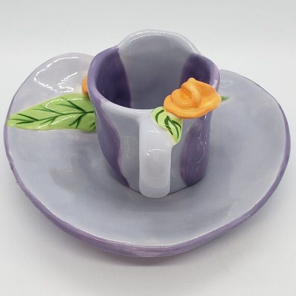Bella Casa by Ganz Signed Susan Paley Purple Orange Flower Ceramic Cup & Saucer - Picture 10 of 13
